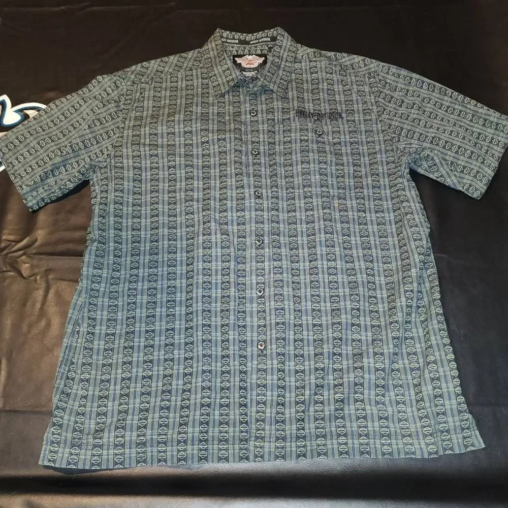 Harley Davidson Green Shield Embroidered Logo Short Sleeve Button Down Shirt XL‎